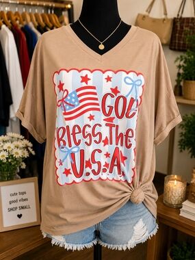 God Bless The U.S.A. Graphic Tee - Beige with Red & Blue Print
